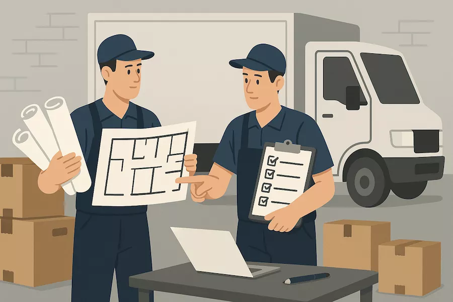 Flyttfirma planerar flyttlogistik med ritning och checklistor